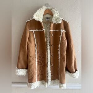 Disney tinkerbell faux suede tan jacket size Large inner Sherpa Cozy‎ Peter Pan